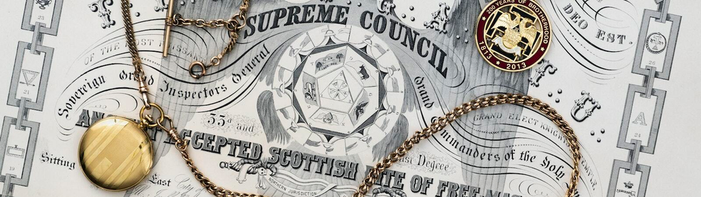 supreme council certificate, pocketwatch, and coin