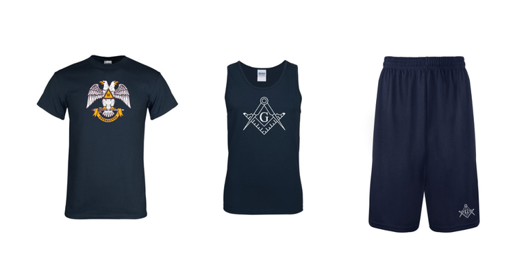 A navy blue t-shirt, tank top, and shorts adorned with the square and compasses and the double-headed eagle