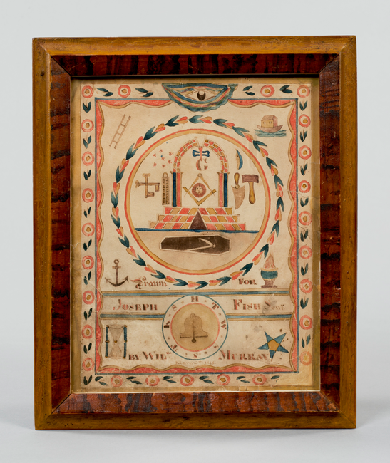 Watercolor Mark Degree commemoration decorated with round flowers and of heart-shaped tulip-like flowers, different colored wavy lines, and Masonic symbols including the ark, anchor, and ladder.