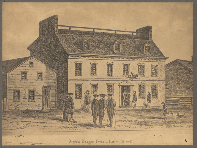 A sketch engraving of the Green Dragon Tavern on Union Street in Boston, Massachusetts ca. 1898