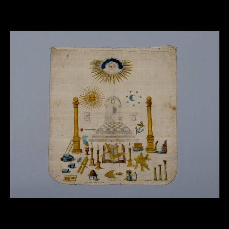 Masonic apron depicting many Masonic symbols, including the winding staircase