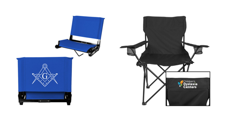 A blue stadium chair adorned with the square and compasses and a black captain chair adorned with the Children's Dyslexia Centers logo
