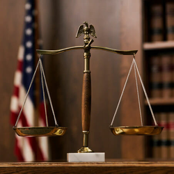 two scales of justice with flag in the background