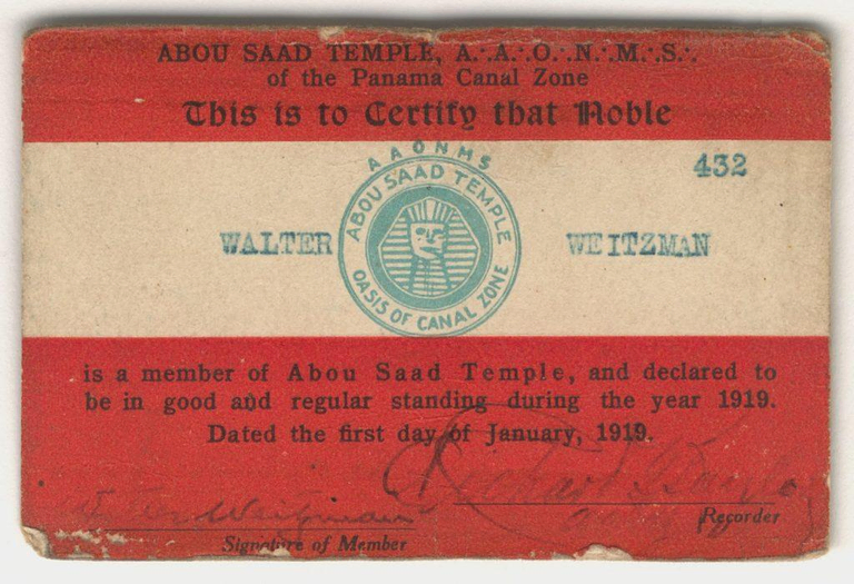 A Masonic membership card reading “Walter Weitzman” and “ABOU SAAD TEMPLE of the Panama Canal Zone”.