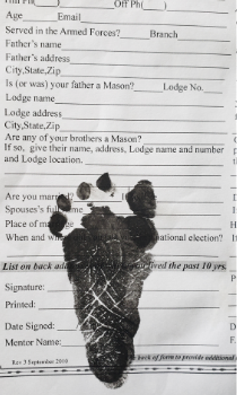 Brother John B. McNaughton's son's petition, inked with his infant footprint