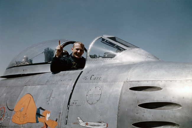 Aldrin in the cockpit of a 51st Fighter Interceptor Wing F-86 Sabre