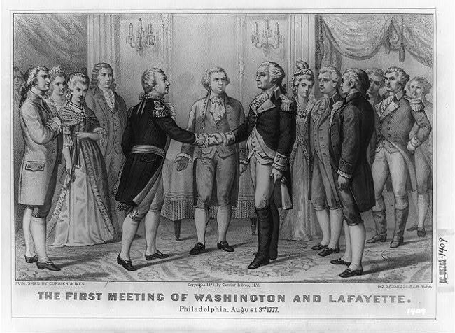 A lithograph print depicting the first meeting of Washington and Lafayette, Philadelphia, Aug. 3rd, 1777