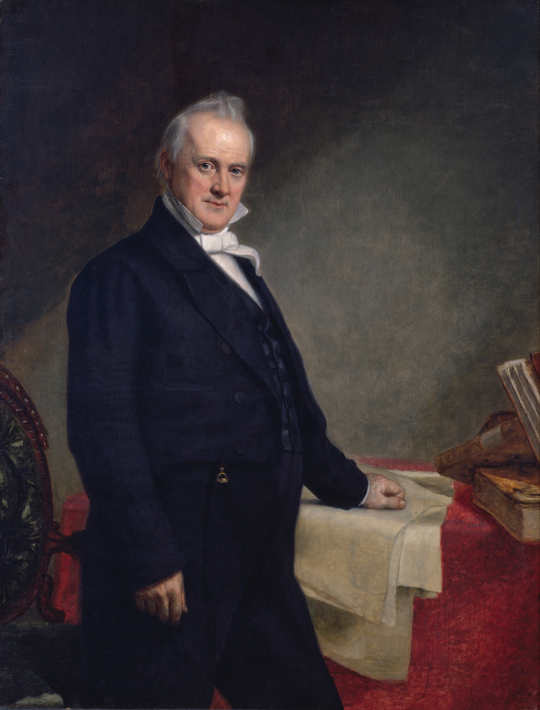 A portrait of James Buchanan, standing and resting his hand on a table