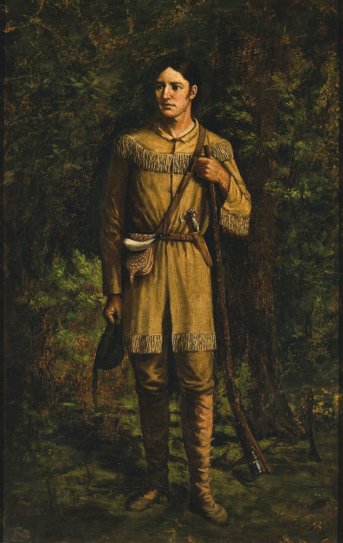 Painting of Davy Crocket wearing frontiersmen clothing