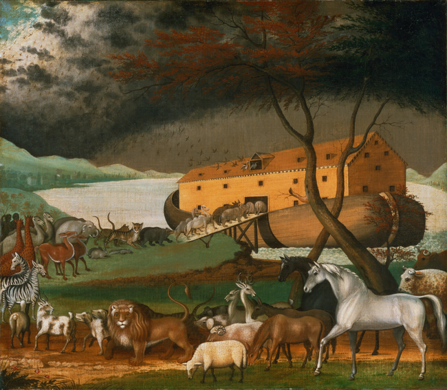 A painting showing animals lining up to board Noah’s Ark