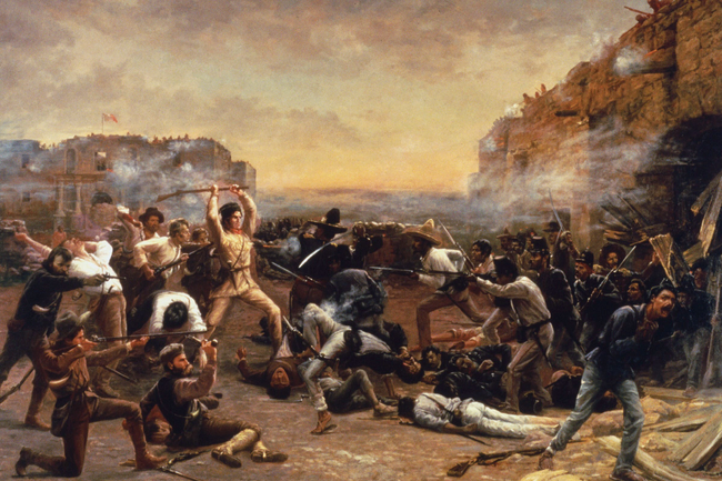 The Fall of the Alamo by Robert Jenkins Onderdonk depicts Davy Crockett swinging his rifle at opposing troops in battle.