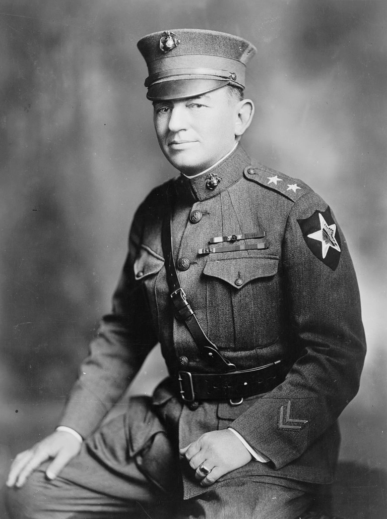 Maj. Gen. John A. LeJeune, three-quarter length portrait, seated, facing left, in uniform