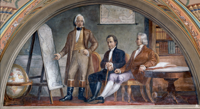 Painting of Marquis Barba-Marbois standing and showing a map to Robert Livingston and James Brother Monroe