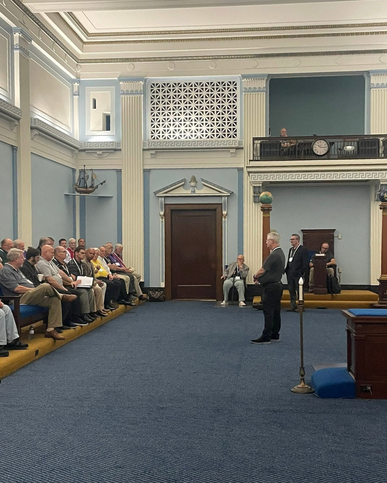 Scottish Rite, NMJ members gather in a Masonic hall during the 2025 Listening Tour for discussion and reflection.