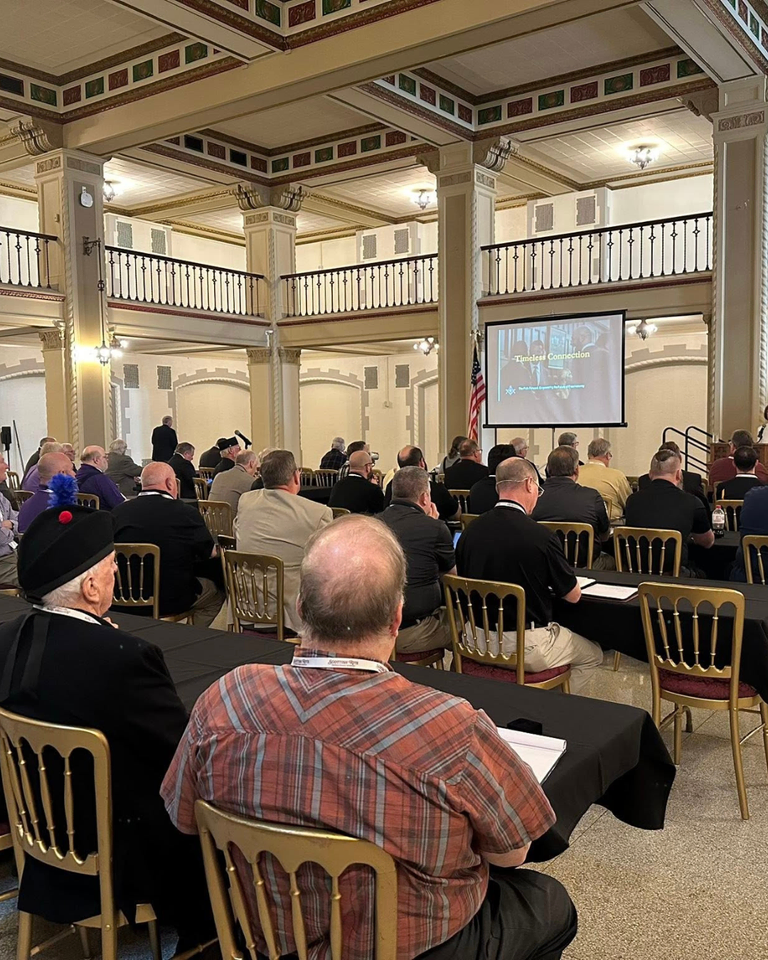 Members of the Scottish Rite, NMJ, gather in a historic hall during the 2025 Listening Tour to discuss Brotherhood and connection.