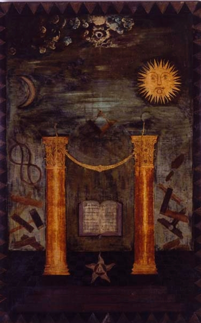 Tracing Board depicting the twin pillars, the sun, and eye of providence.