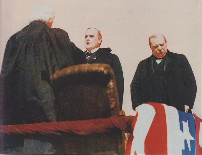 William McKinley is sworn in by Chief Justice Melville Fuller; outgoing President Grover Cleveland to right.