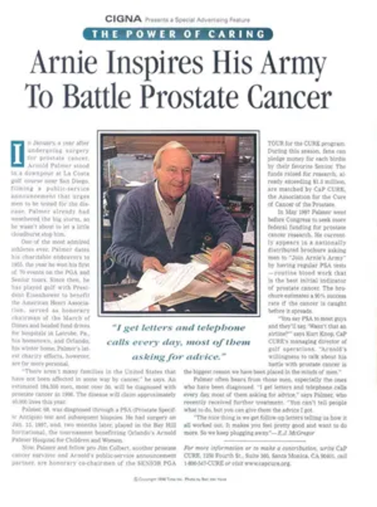 A newspaper article with an image of Arnold Palmer surrounded by the text, with the headline reading “Arnie Inspires His Army to Battle Prostate Cancer”