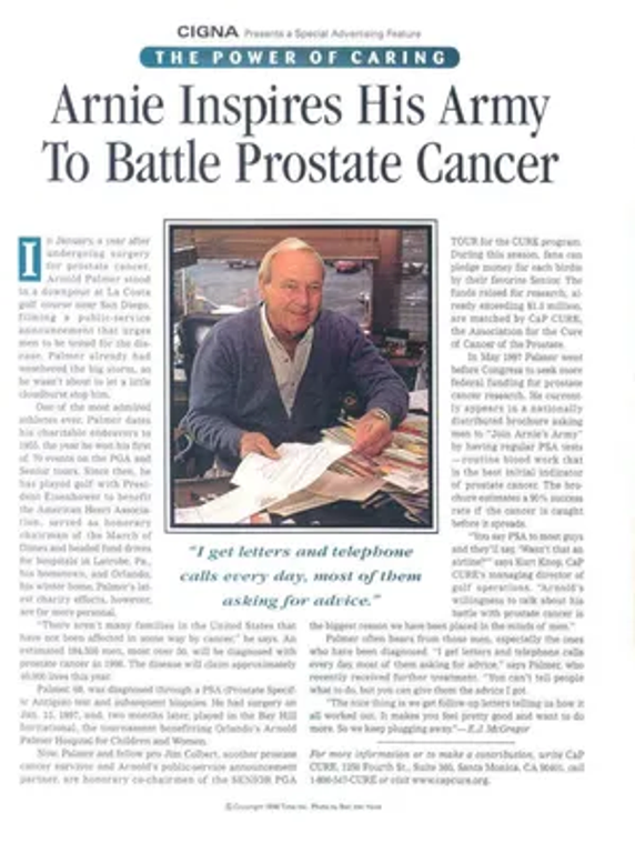 A newspaper article with an image of Arnold Palmer surrounded by the text, with the headline reading “Arnie Inspires His Army to Battle Prostate Cancer”