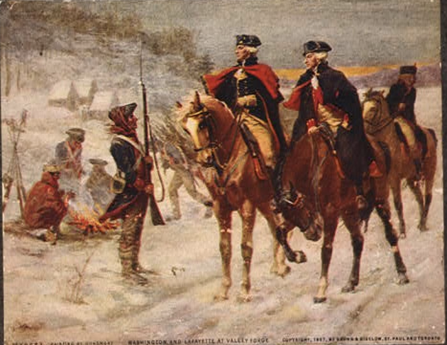 A painting of George Washington and Marquis de Lafayette on horseback at Valley Forge