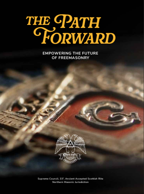 The cover of The Path Forward: Empowering the Future of Freemasonry, showcasing Masonic square and compasses