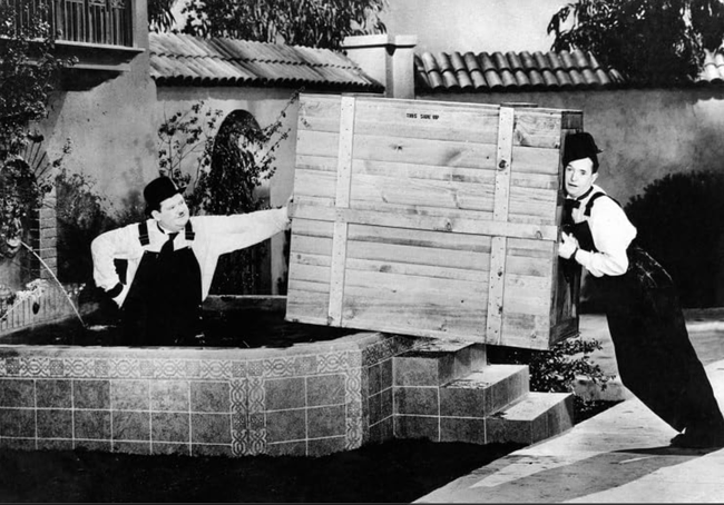 A photo of Laurel and Hardy in The Music Box