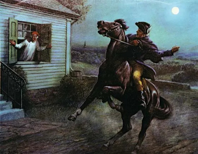 A painting of Paul Revere on his midnight ride to warn others that the British troops were coming.