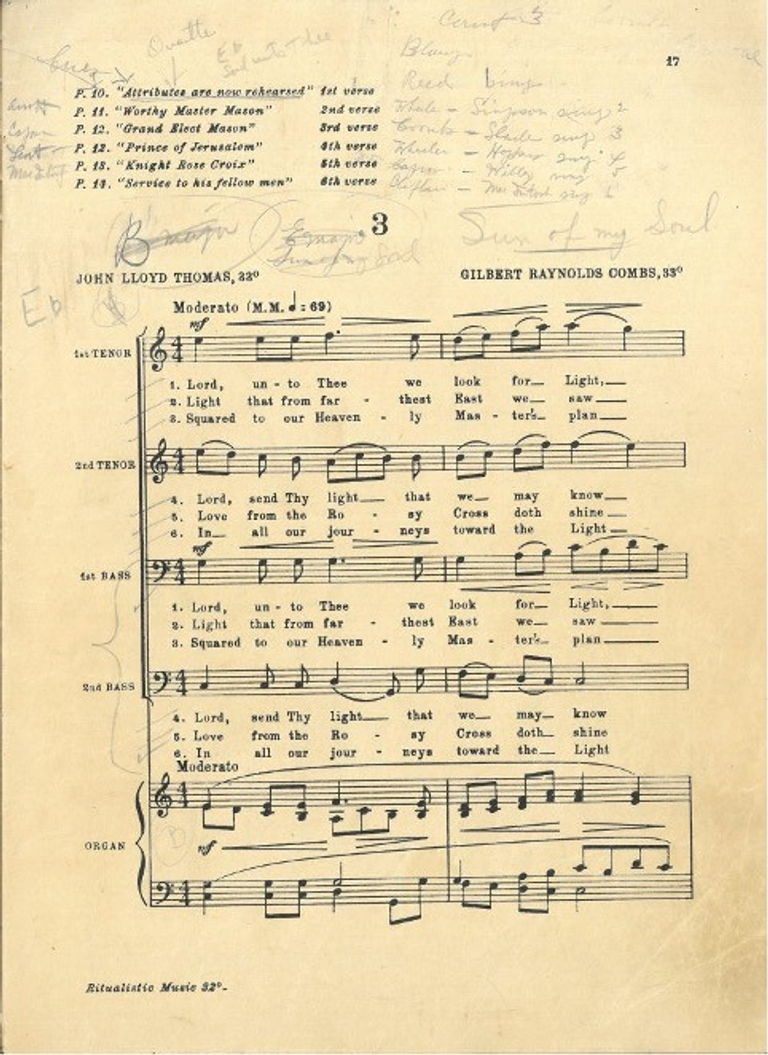 A photo of sheet music that contains ritual music for the Scottish Rite’s newly revised 32nd degree, dating back to 1918.