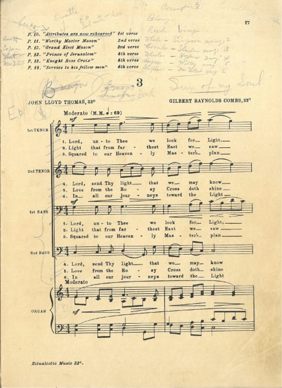 A photo of sheet music that contains ritual music for the Scottish Rite’s newly revised 32nd degree, dating back to 1918.