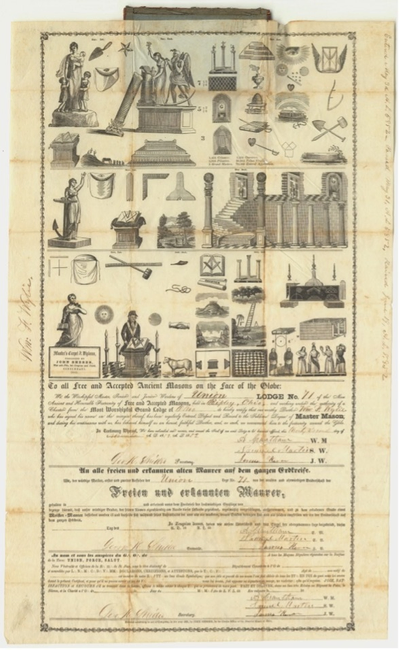 A Master Mason certificate from 1852 that depicts King Solomon’s Temple and the Masonic Winding Staircase