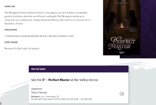 A screenshot displaying the degree details page for the 5th degree, Perfect Master, on the new Scottish Rite, NMJ website