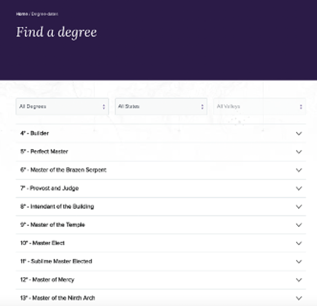 Screenshot of “Find a degree” page featuring three advanced search filters on the Scottish Rite, NMJ website