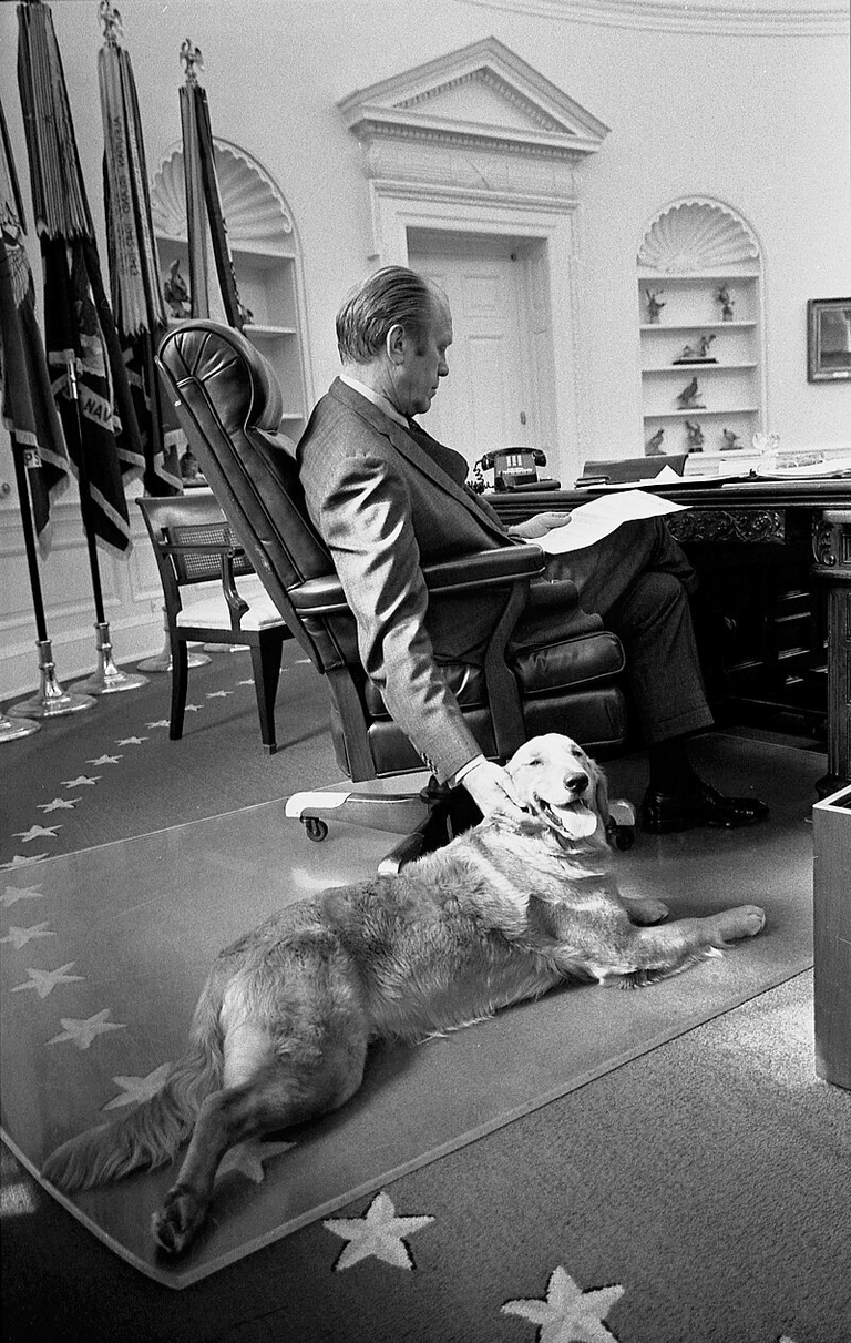 Image of President Gerald Ford in the Oval Office with his golden retriever dog