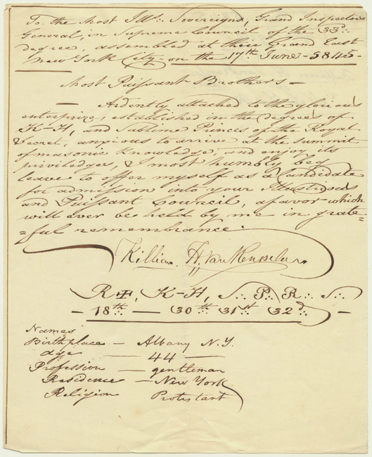 A piece of paper with writing that depicts Killian Henry Van Rensselaer’s 33rd degree petition addressed to the Supreme Council, NMJ