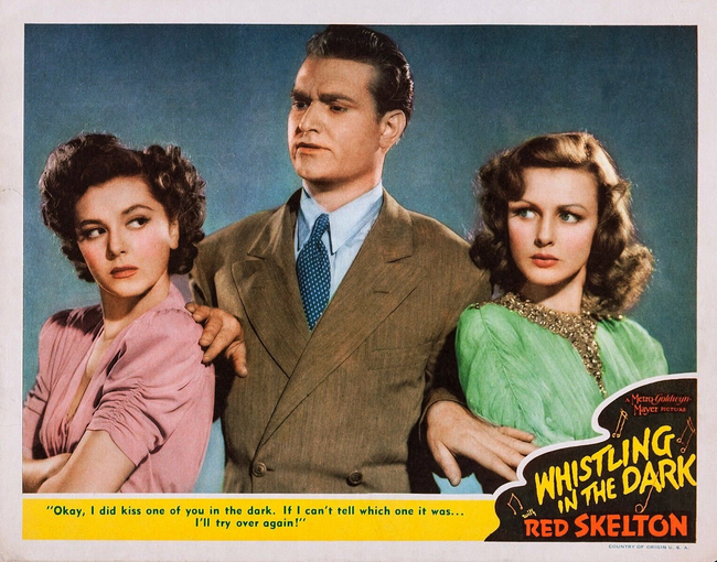 Lobby card from the 1941 film Whistling in the Dark of Ann Rutherford, Red Skelton and Virginia Grey.