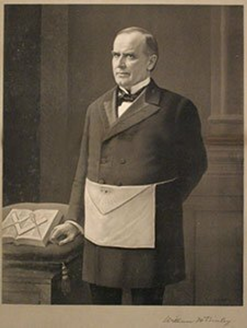 Brother William McKinley is depicted in a Masonic apron adorned with the all-seeing eye.