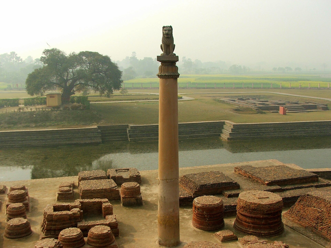 The Ashoka pillar, a monolith adorned with a lion sculpture.