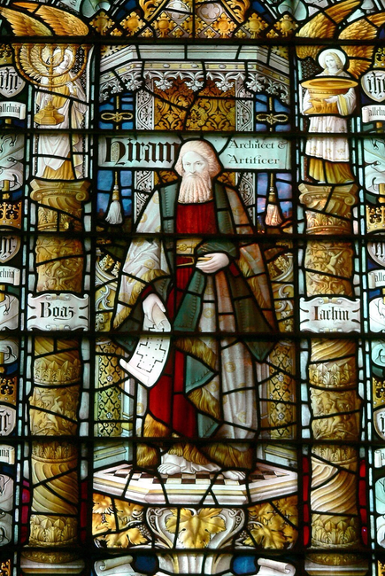 Stained glass om England’s St. John’s Church showing Hiram, the architect of the temple in Jerusalem.