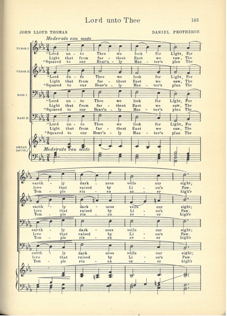 A photo of sheet music titled “Lord Unto Thee” that was commissioned by the Supreme Council of Scottish Rite Freemasonry to serve as ritual music for newly revised 32nd degree.