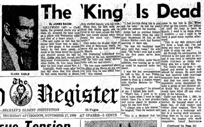 Article about Clark Gable’s death with the headline “The ‘King’ is Dead”