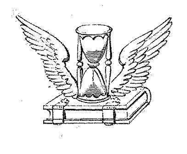 An illustration of an hourglass with wings resting on top of a bound book