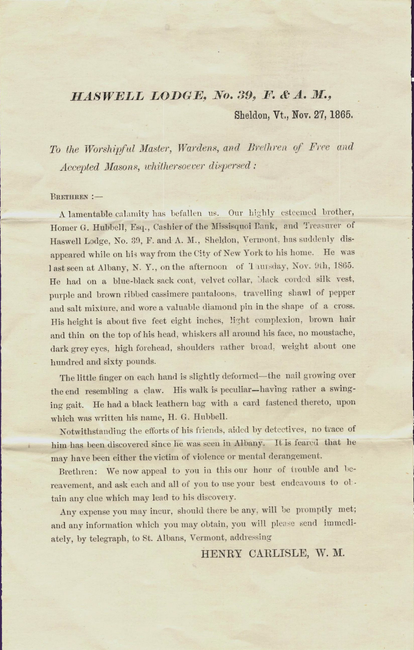 A typed letter about the disappearance of Homer G. Hubbell