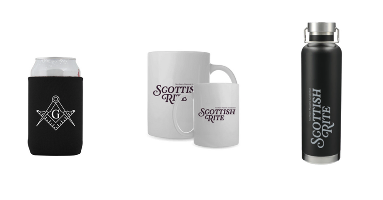 A black can holder adorned with the square and compasses, a white mug adorned with the Scottish Rite logo, a black insulated water bottle adorned with the Scottish Rite logo