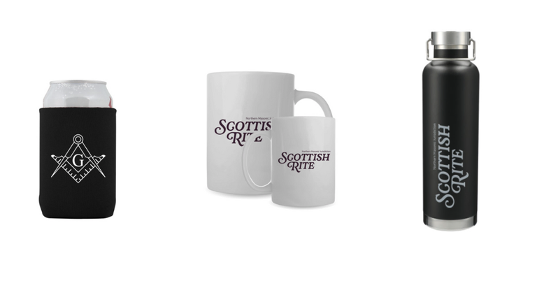 A black can holder adorned with the square and compasses, a white mug adorned with the Scottish Rite logo, a black insulated water bottle adorned with the Scottish Rite logo