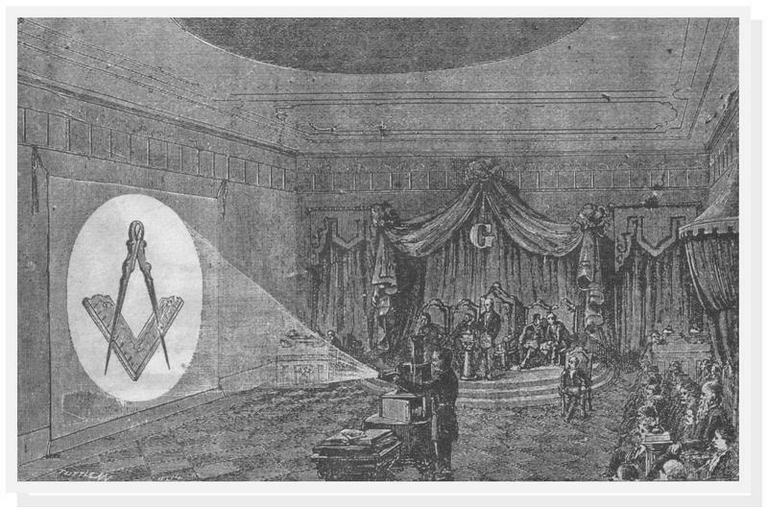 A Masonic lodge using a Magic Lantern to project the square and compass symbol