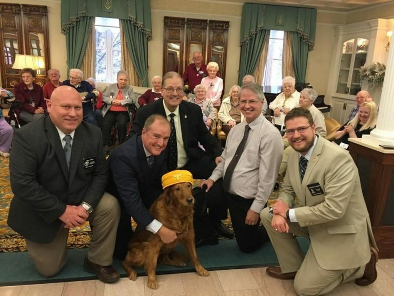 The Valley of Detroit with Shelby the therapy dog, at the Michigan Masonic Home
