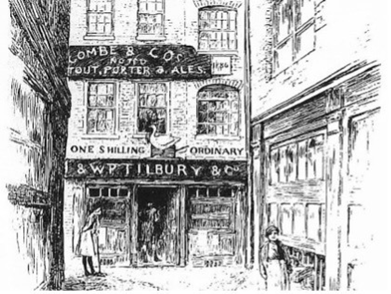 An artistic depiction of the Goose and Gridiron Alehouse