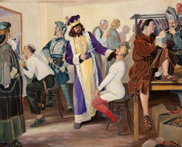 Painting of a scene in the dressing room of a Scottish Rite Valley.