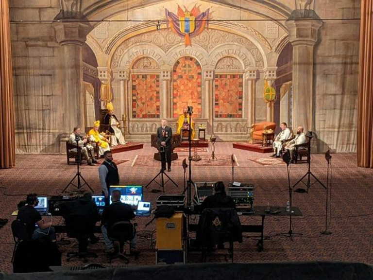 A picture of the Scottish Rite actors and production crew filming