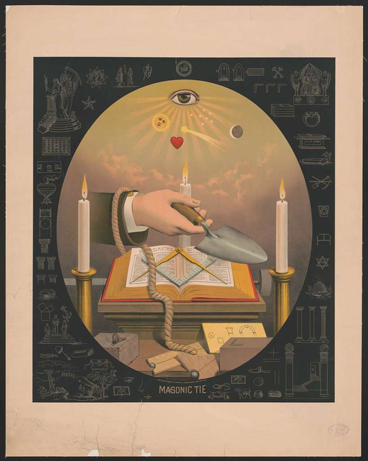 A print depicting Masonic symbols including the trowel, tie, square and compasses, and the Eye of Providence.